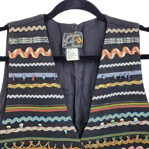 Vtg 80's Womens Vest Cropped Multimedia Beaded Fringed Art To Wear Boho Blk Sz M - Picture 5 of 6